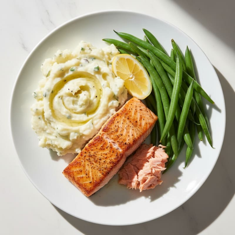 Seared Salmon with Steamed Green Beans and Garlic Mashed Potatoes