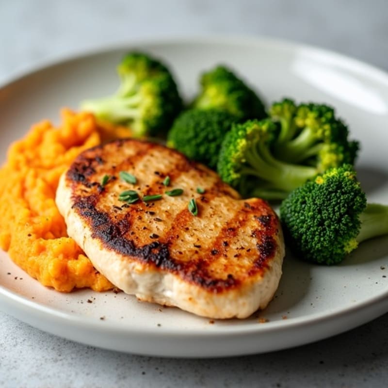 Seared Chicken Breast with Roasted Broccoli and Sweet Potato Mash