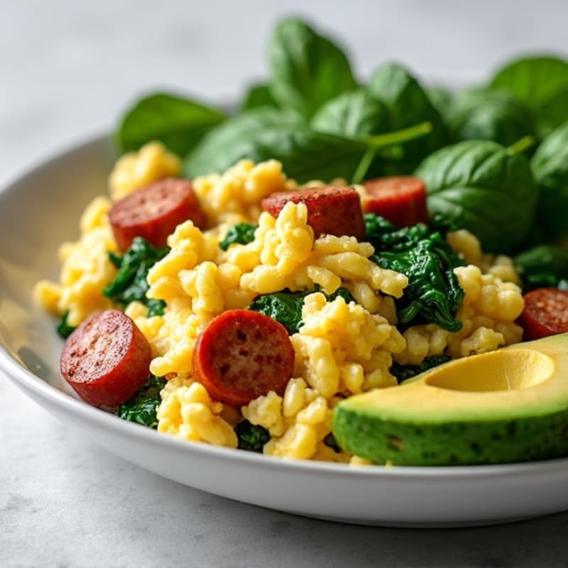 Egg White and Turkey Sausage Scramble with Sautéed Spinach