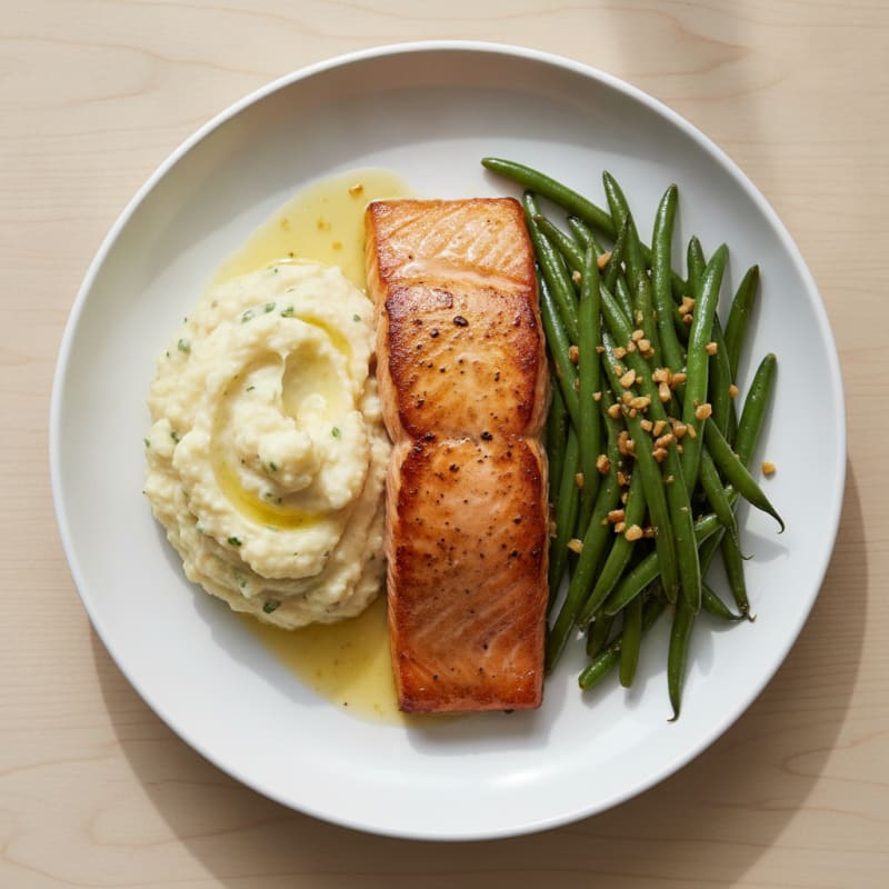 Seared Salmon with Garlic Green Beans and Mashed Cauliflower
