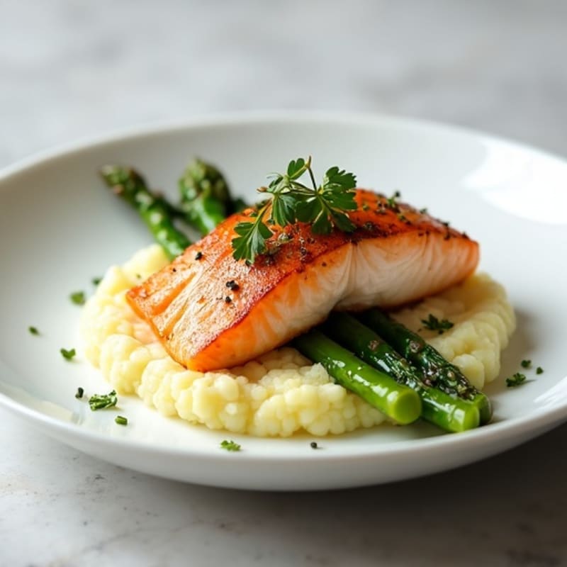 Seared Salmon with Steamed Asparagus and Cauliflower Mash