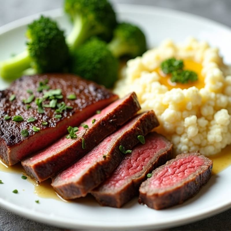 Seared Lean Beef Strips with Steamed Broccoli and Garlic Cauliflower Mash