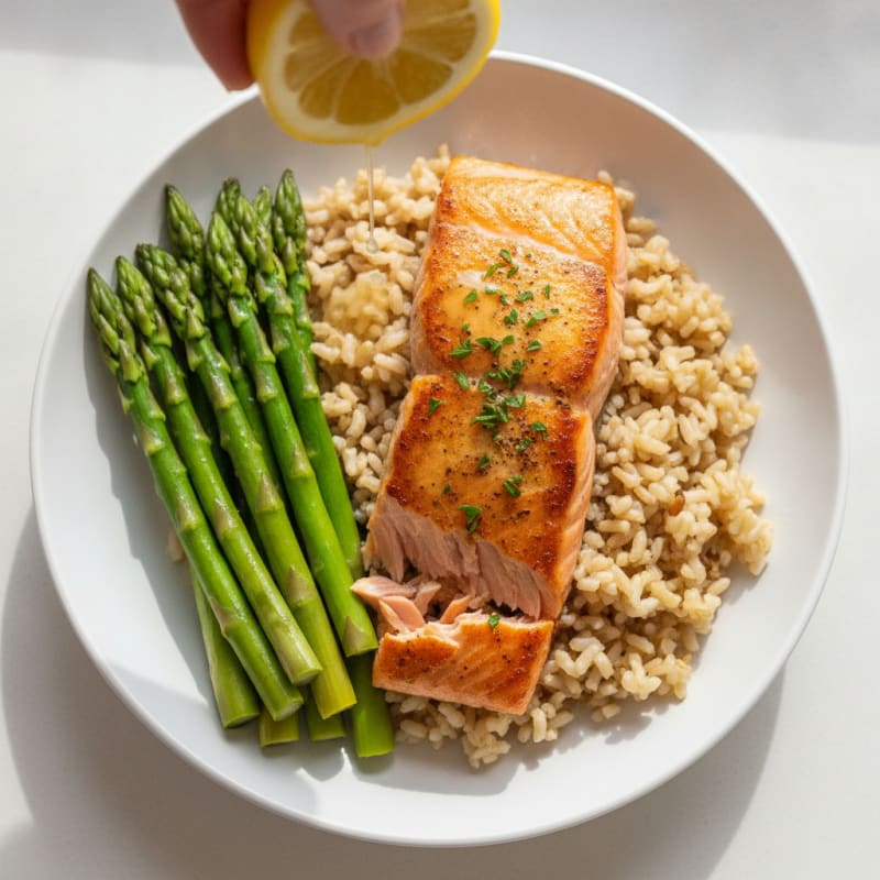 Seared Salmon with Steamed Asparagus and Brown Rice