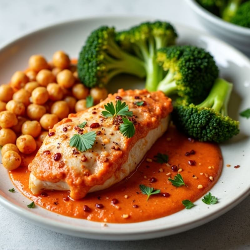 Creamy Roasted Red Pepper Chicken with Crispy Chickpeas and Roasted Broccoli