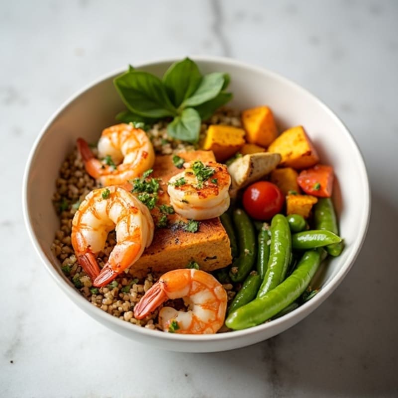 Seared Tofu and Edamame Power Bowl with Quinoa and Roasted Vegetables