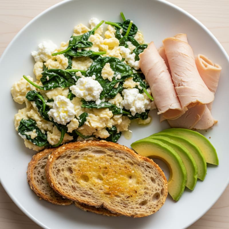Egg White and Spinach Scramble with Cottage Cheese and Sliced Turkey