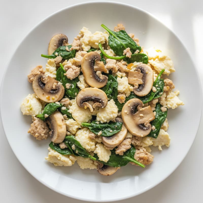 Egg White and Turkey Spinach Scramble with Sautéed Mushrooms
