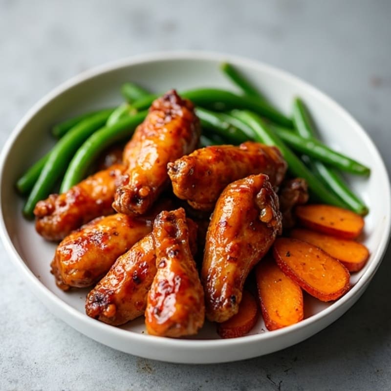 Sticky Honey-Garlic Chicken Wings with Roasted Sweet Potatoes and Crispy Green Beans