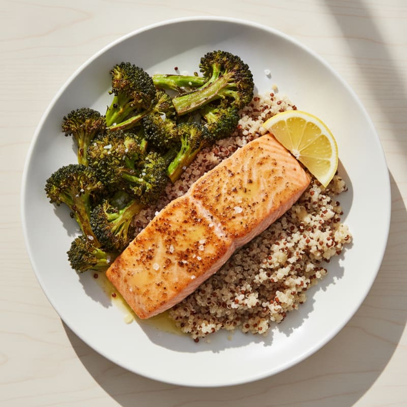 Seared Salmon with Roasted Broccoli and Quinoa