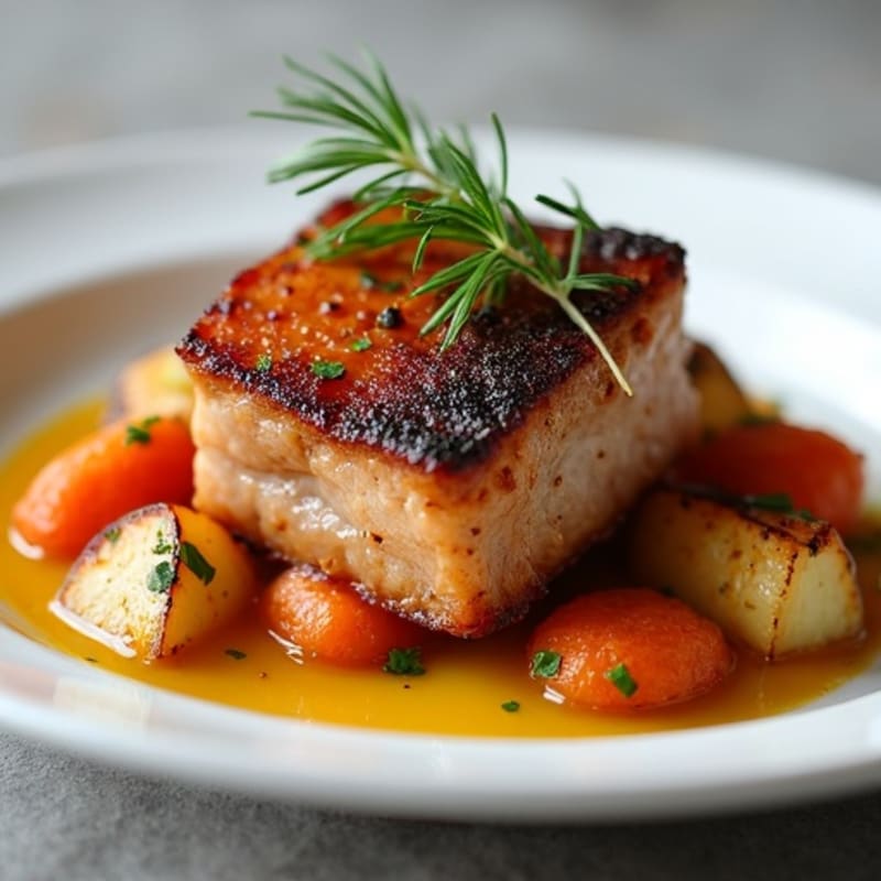Crispy Slow-Braised Pork Belly with Roasted Root Vegetables
