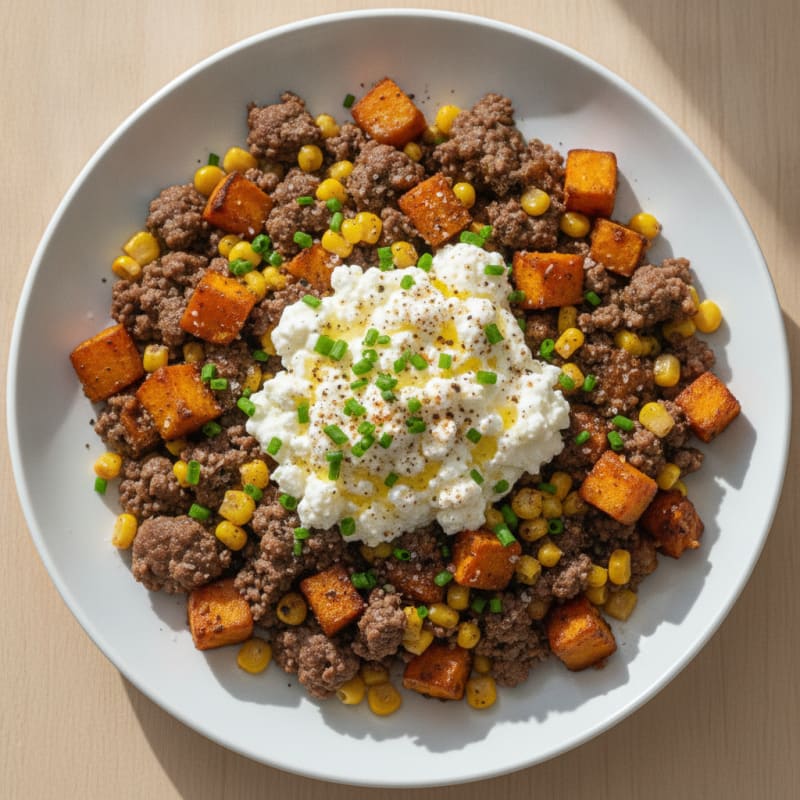 Ground Beef Sweet Potato Skillet with Cottage Cheese