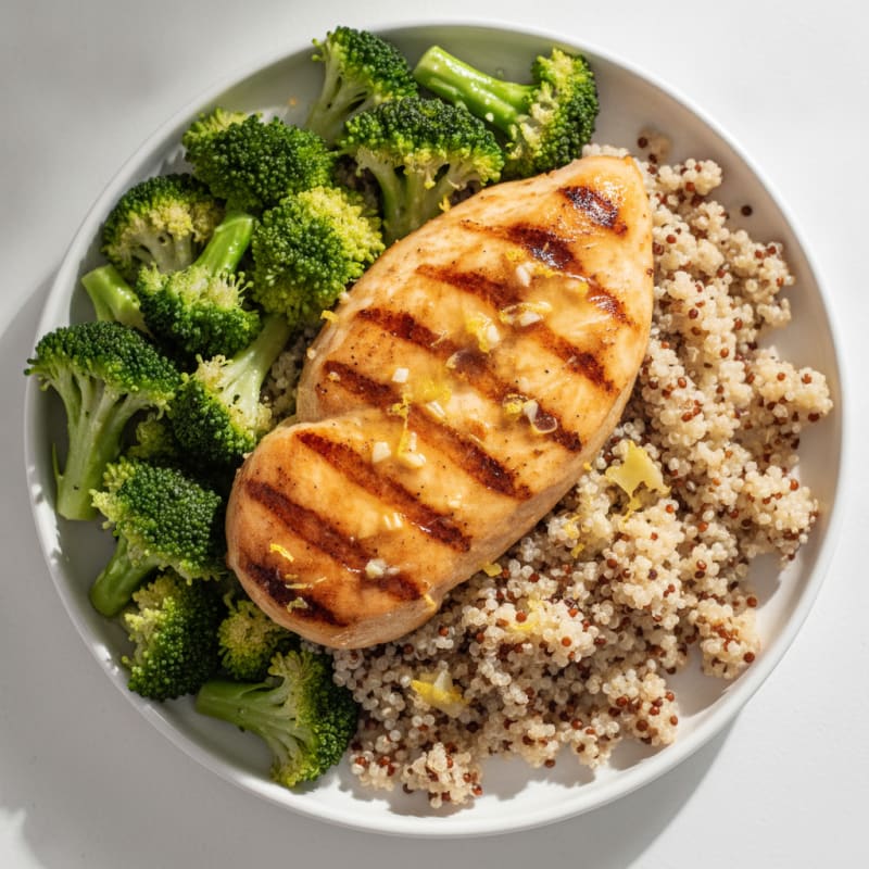 Grilled Lemon Garlic Chicken Breast with Quinoa and Steamed Broccoli