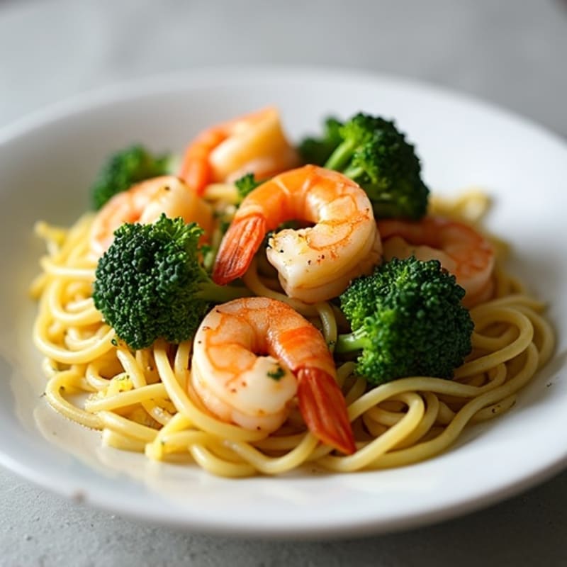 Sautéed Shrimp with Garlic Konjac Pasta and Roasted Broccoli