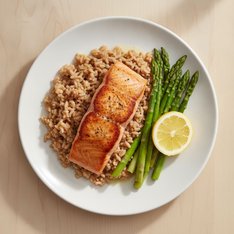 Seared Salmon with Steamed Asparagus and Brown Rice