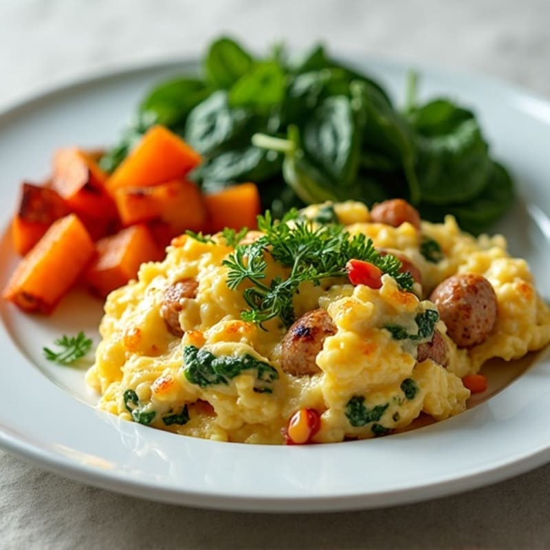 Egg White and Turkey Sausage Scramble with Spinach and Roasted Sweet Potato