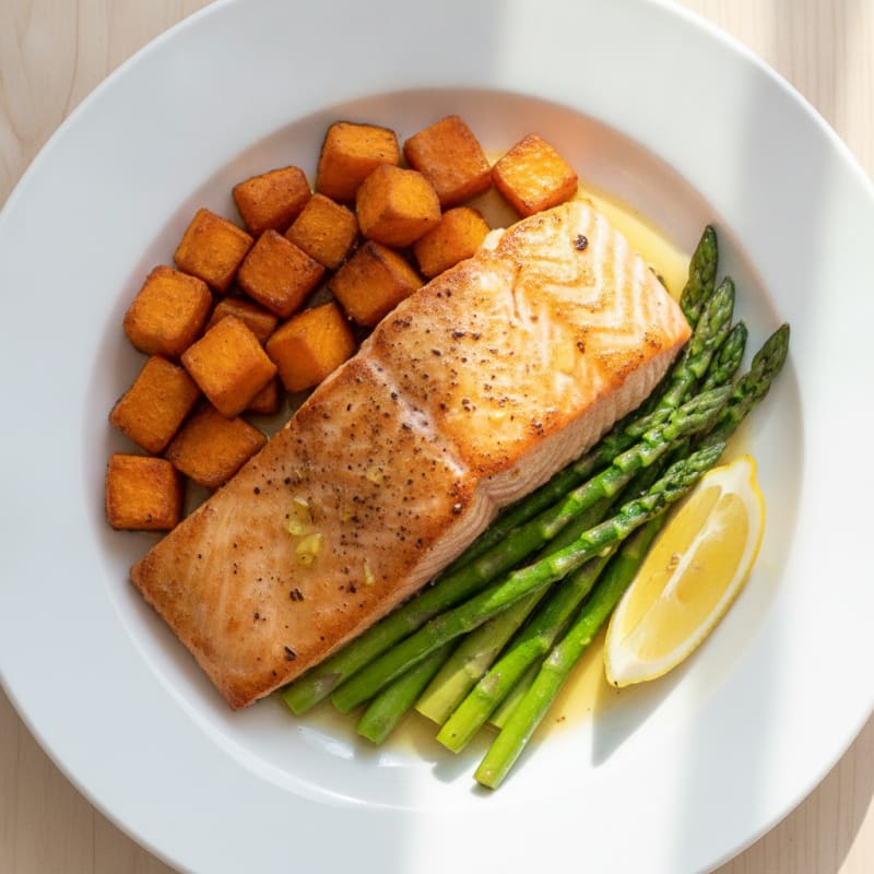 Seared Salmon with Roasted Sweet Potatoes and Asparagus