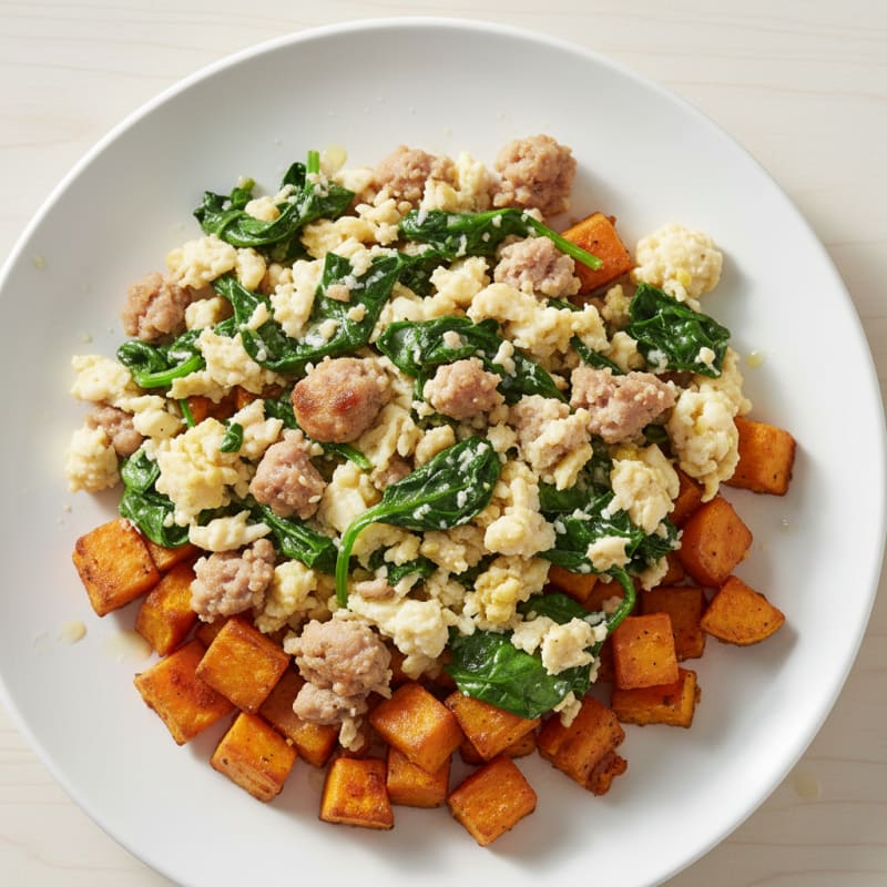 Egg White and Turkey Sausage Scramble with Spinach and Roasted Sweet Potato