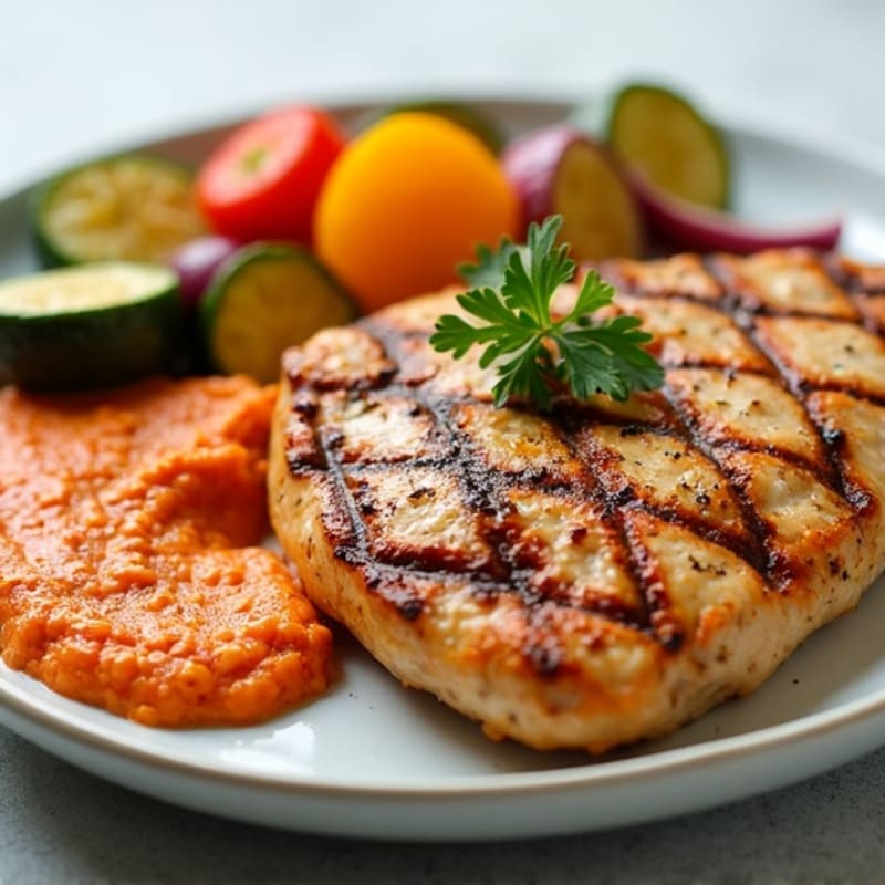 Grilled Chicken with Creamy Roasted Red Pepper Hummus and Roasted Vegetables