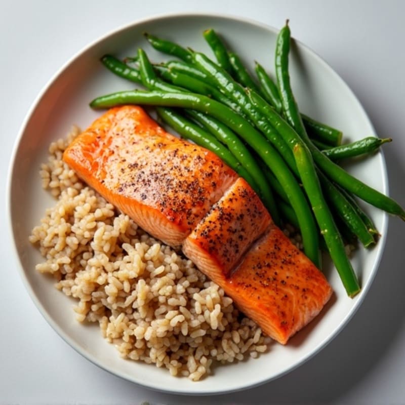 Seared Salmon with Steamed Green Beans and Brown Rice