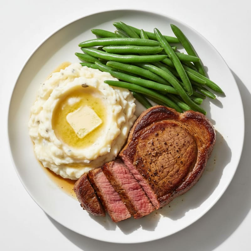 Seared Sirloin Steak with Garlic Mashed Potatoes and Steamed Green Beans