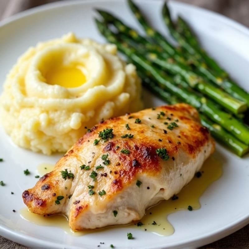 Garlic Butter Pan-Seared Chicken with Creamy Mashed Potatoes and Roasted Asparagus