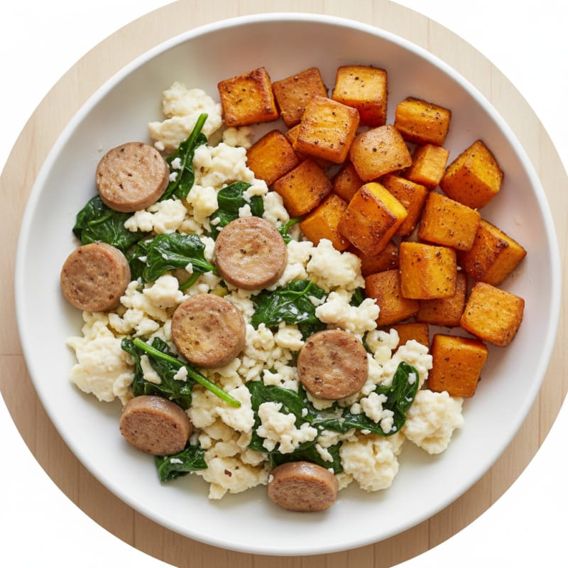 Egg White and Turkey Sausage Scramble with Spinach and Roasted Sweet Potato