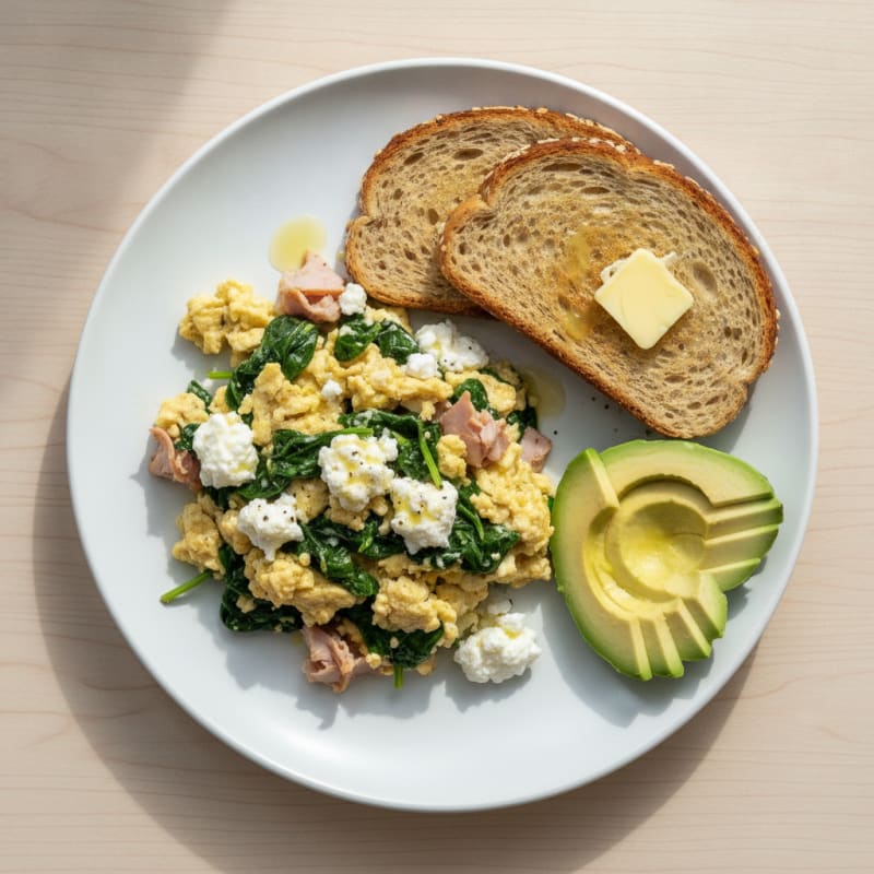 Cottage Cheese Scramble with Spinach and Smoked Turkey