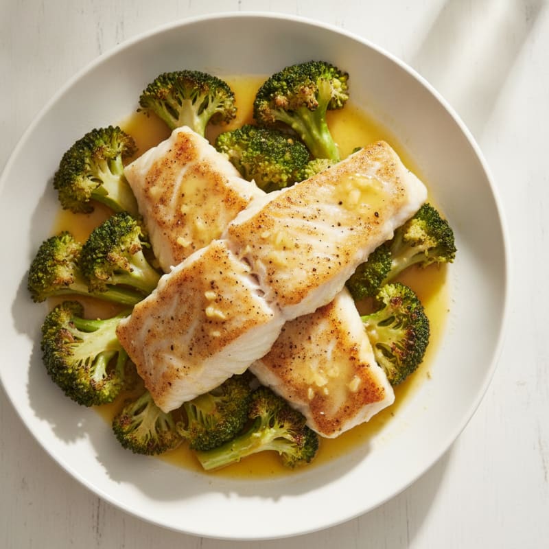 Seared Cod with Roasted Broccoli and Garlic-Lemon Sauce