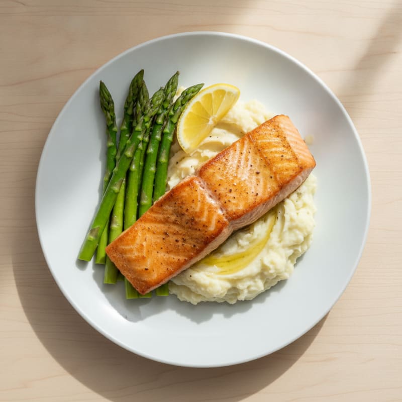 Seared Salmon Fillet with Steamed Asparagus and Garlic Mashed Potatoes