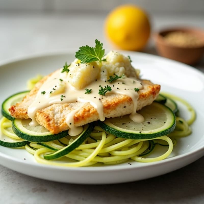 Creamy Cauliflower Alfredo Chicken with Zucchini Noodles