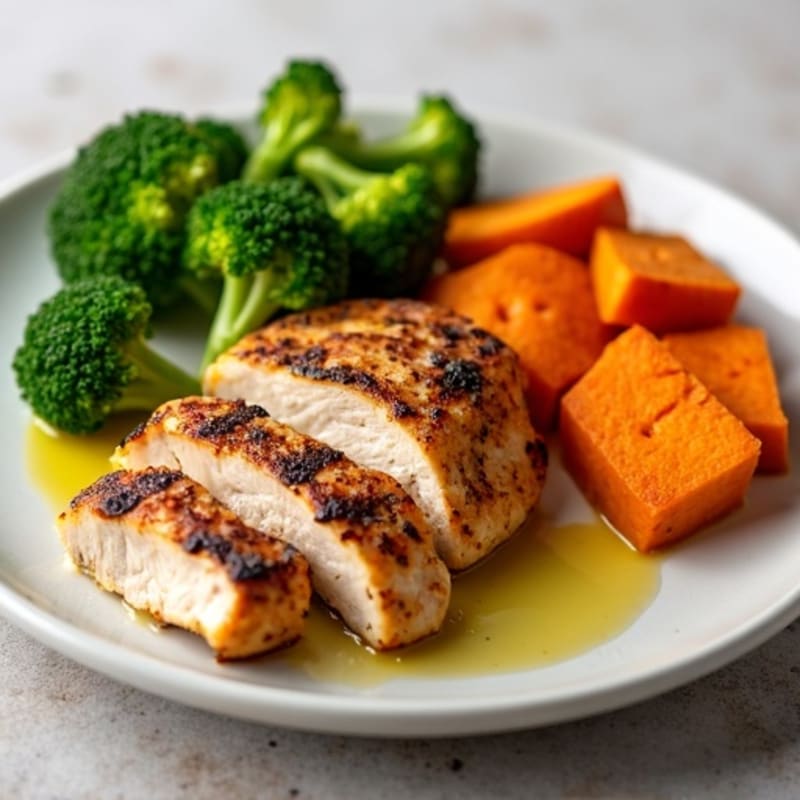 Grilled Chicken Breast with Roasted Sweet Potato and Steamed Broccoli