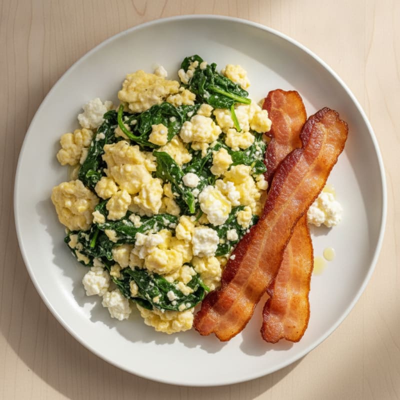 Cottage Cheese Scramble with Spinach and Turkey Bacon
