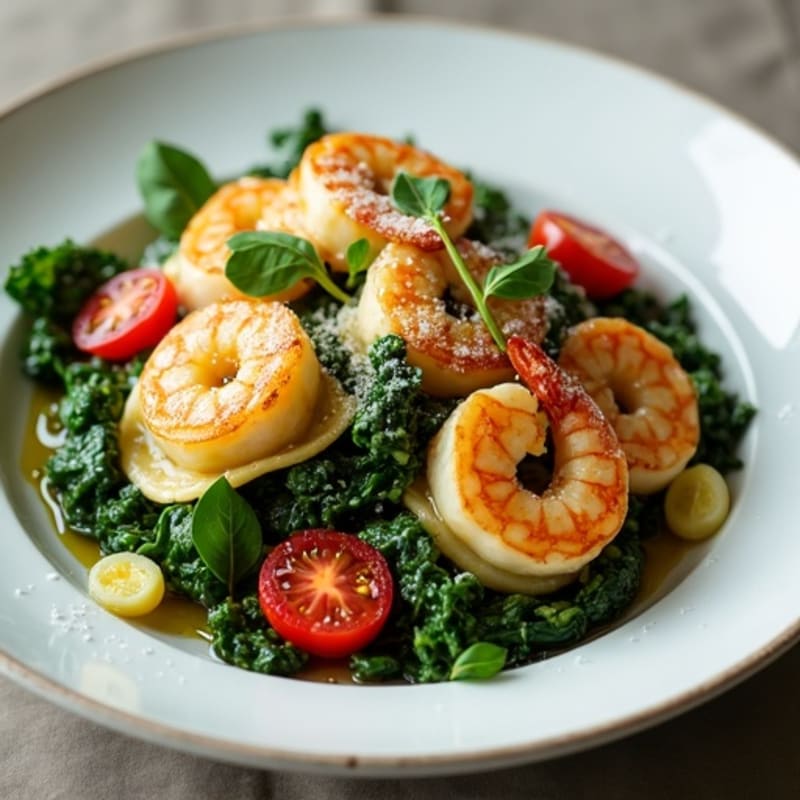 Spinach Ravioli with Sautéed Garlic Greens and Burst Cherry Tomatoes