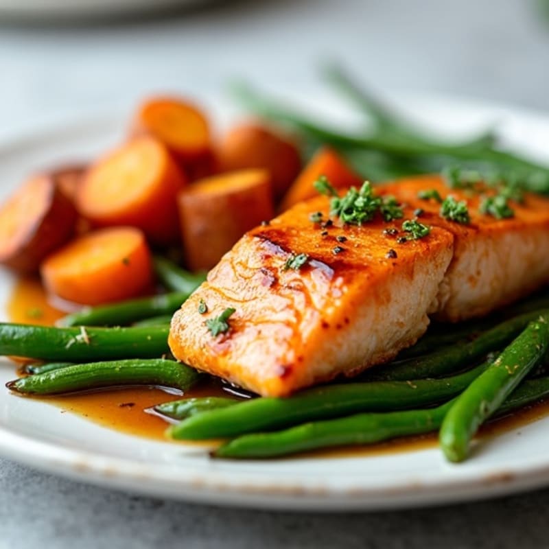 Maple-Glazed Salmon with Roasted Sweet Potatoes and Crispy Green Beans