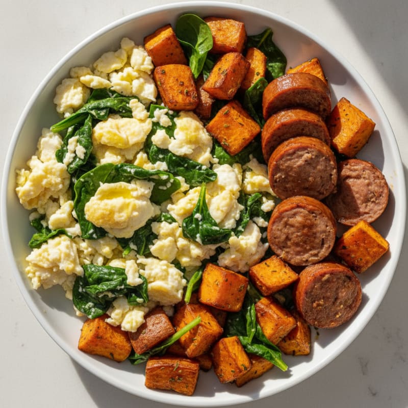 Egg White and Spinach Scramble with Turkey Sausage and Roasted Sweet Potato