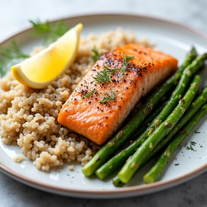 Seared Salmon Fillet with Steamed Asparagus and Herb Brown Rice