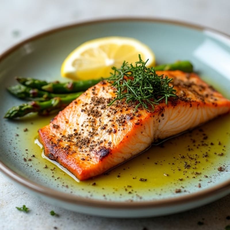 Pan-Seared Salmon with Crispy Seaweed and Roasted Asparagus