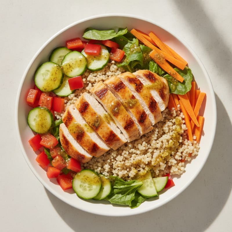 Grilled Chicken and Crunchy Veggie Bowl with Quinoa