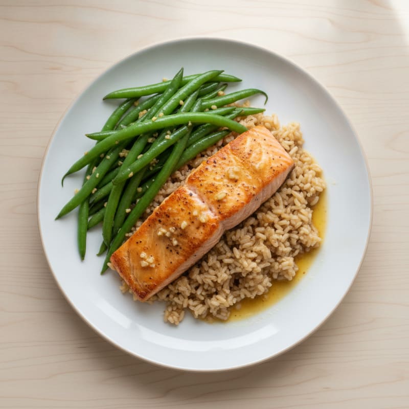 Seared Salmon with Garlic Green Beans and Brown Rice