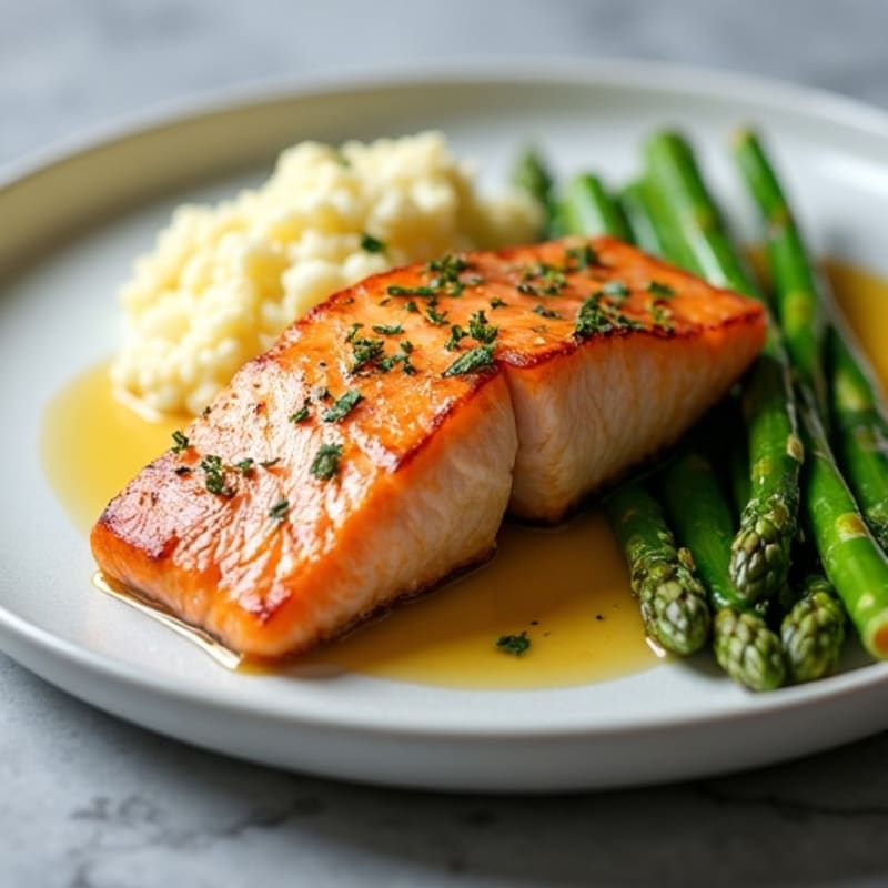 Seared Salmon with Steamed Asparagus and Cauliflower Mash