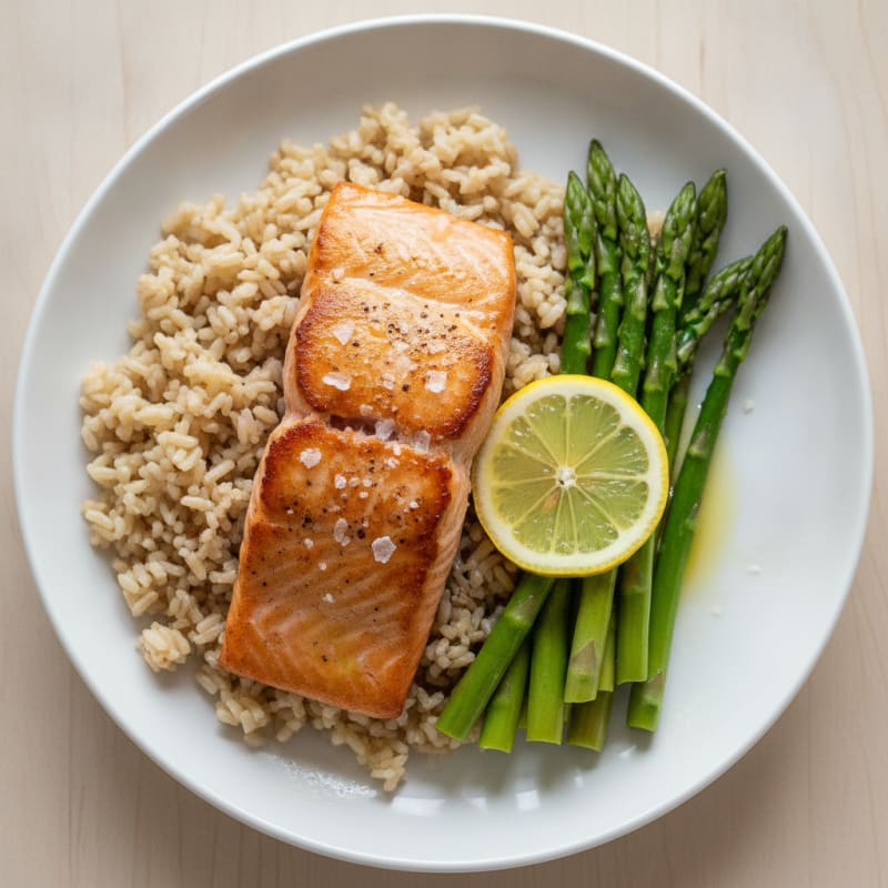 Seared Salmon Fillet with Steamed Asparagus and Brown Rice