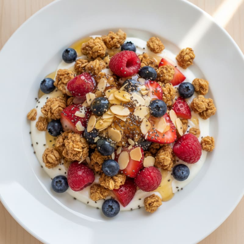 Greek Yogurt Parfait with Crunchy Almond Granola and Fresh Berries