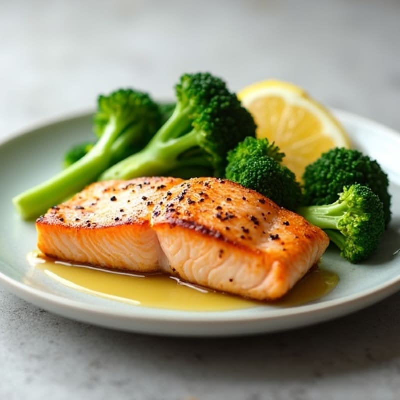 Seared Salmon with Steamed Broccoli and Lemon