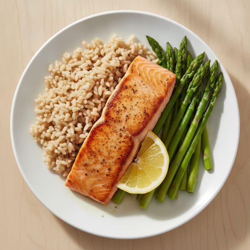 Seared Salmon with Steamed Asparagus and Brown Rice