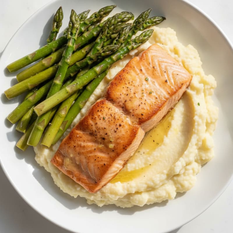 Seared Salmon with Steamed Asparagus and Cauliflower Mash