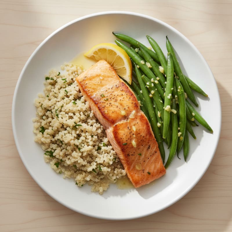 Seared Salmon with Garlic Green Beans and Quinoa