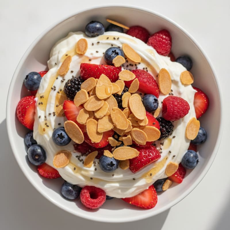 Greek Yogurt Protein Parfait with Mixed Berries and Almonds
