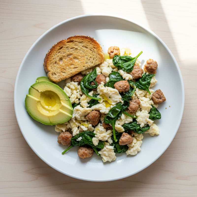 Egg White Scramble with Turkey Sausage and Sautéed Spinach