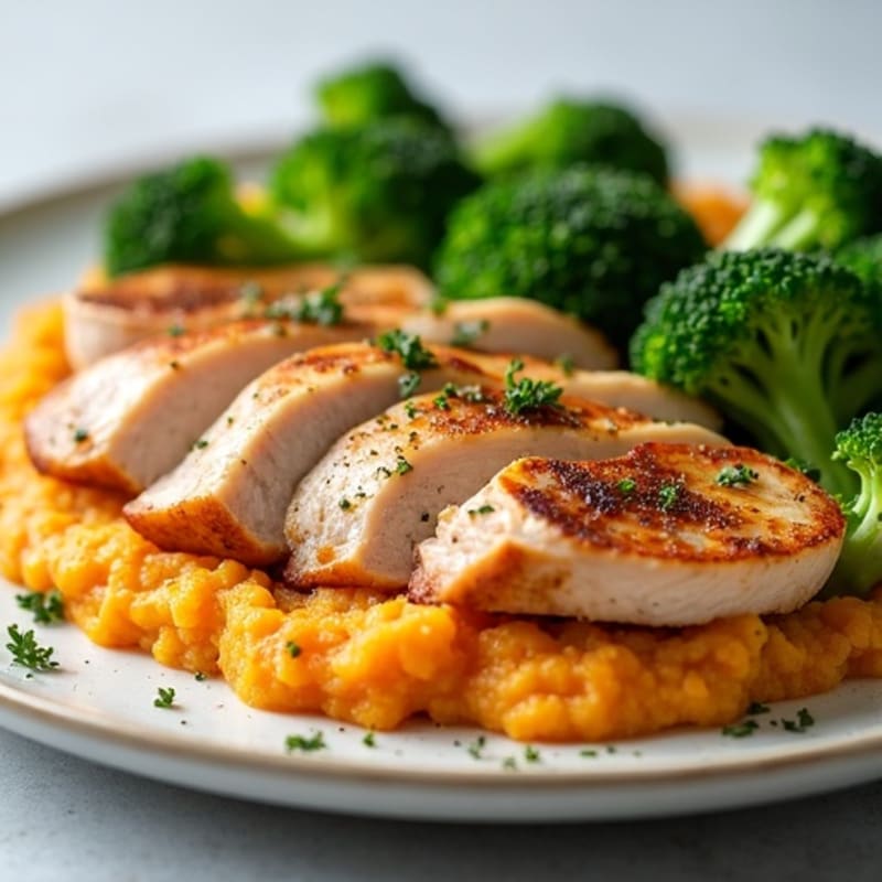 Seared Turkey Breast with Steamed Broccoli and Sweet Potato Mash