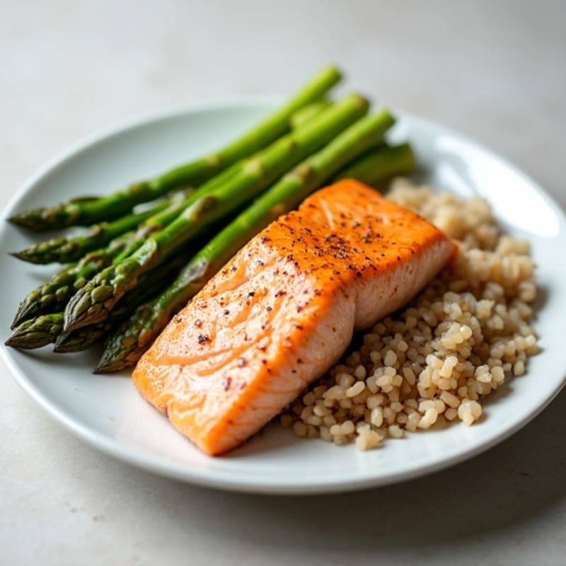 Seared Salmon with Steamed Asparagus and Brown Rice